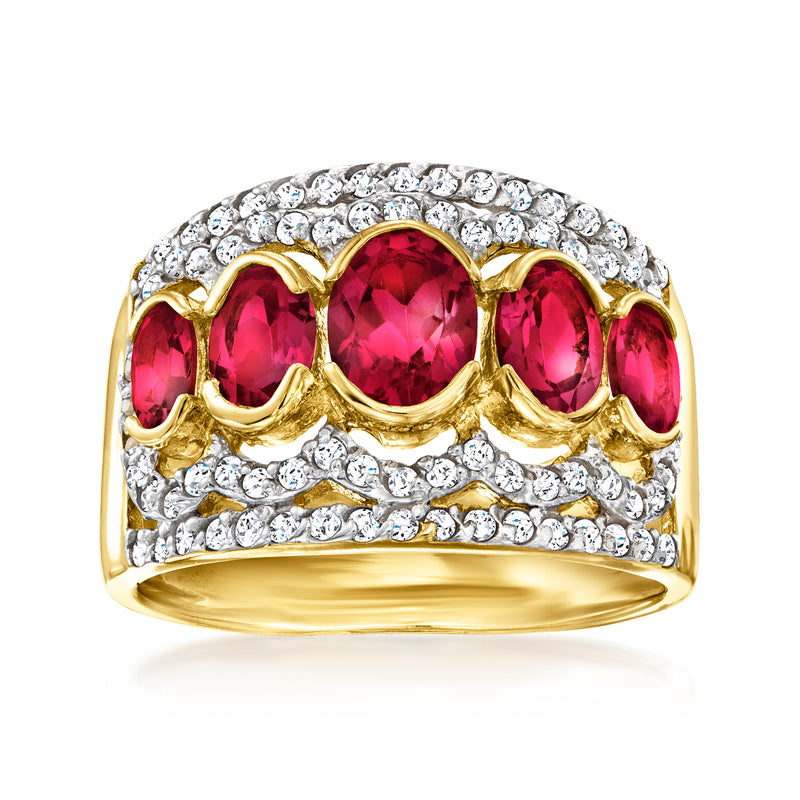 Rhodolite garnet ring in 18kt gold over sterling with oval red stones and white zircon halo