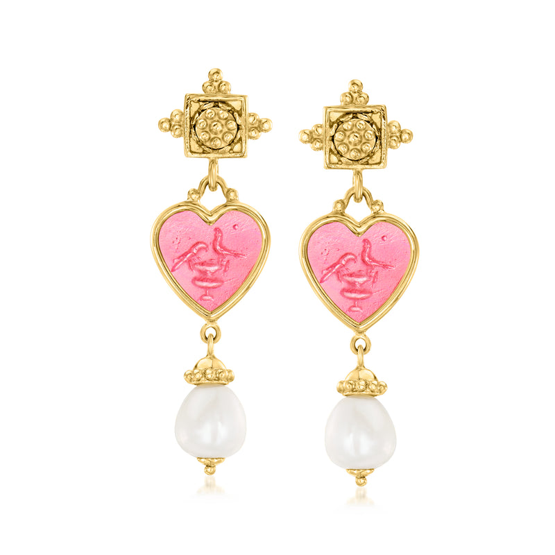 Gold-tone heart drop earrings with pink glass heart and white pearl dangles