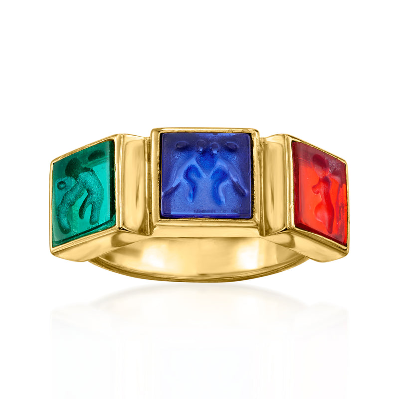 Gold over sterling angel ring with blue, green, and red glass panels