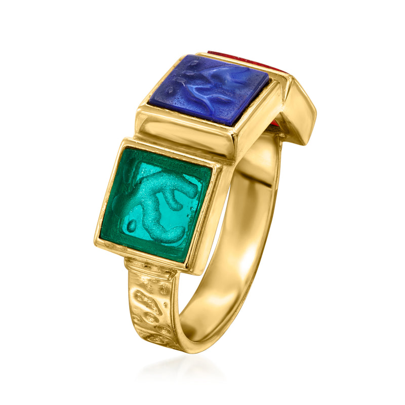 Gold over sterling angel ring with blue and green square glass panels