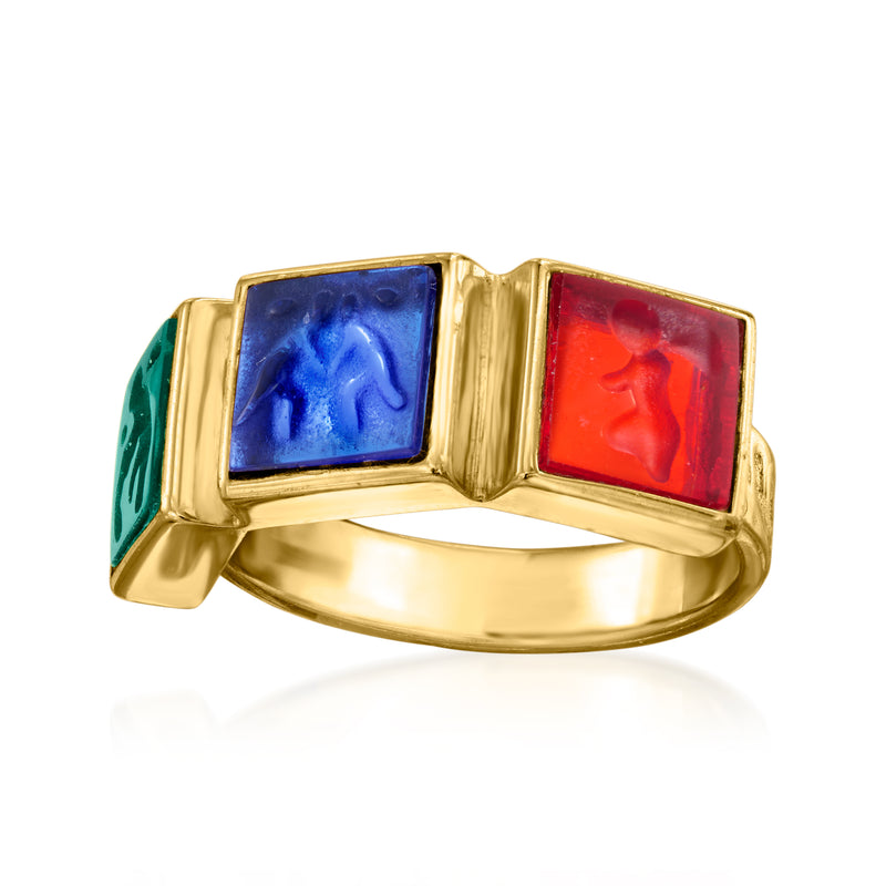 Gold over sterling angel ring with blue, green, and red square glass panels