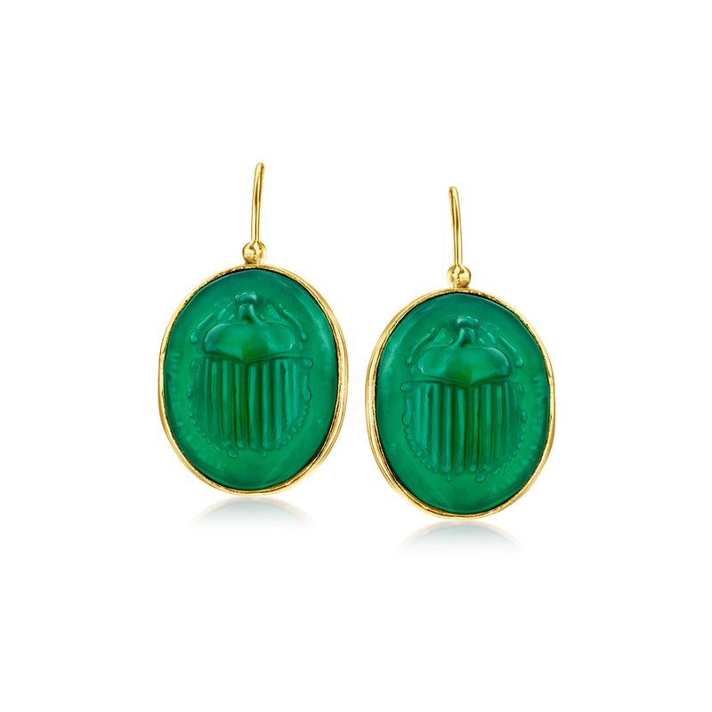 Green agate scarab drop earrings with 18kt gold over sterling earwire, round bezel