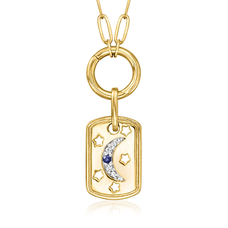 Gold celestial dog tag pendant necklace with crescent, stars, blue sapphire detail