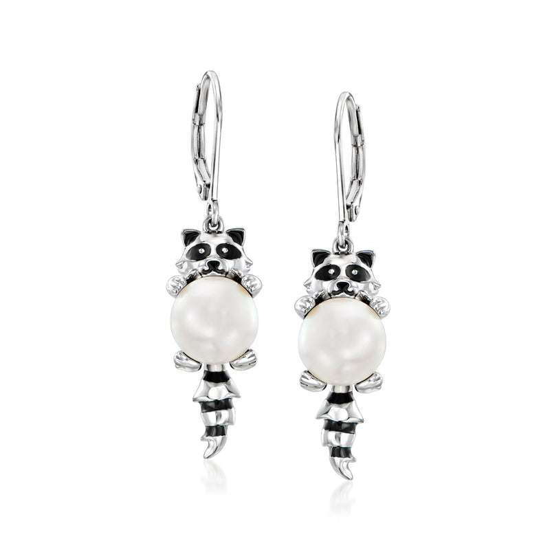 Sterling silver raccoon drop earrings with white pearl and black enamel, leverback