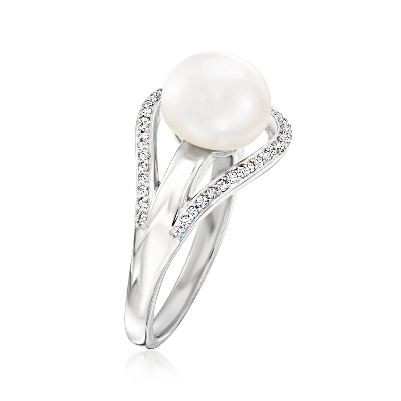 9-9.5mm cultured pearl and diamond ring in sterling silver
