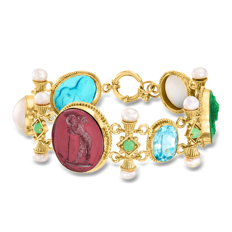 Gold-tone multicolor statement bracelet with oval glass cabochons and white pearl accents