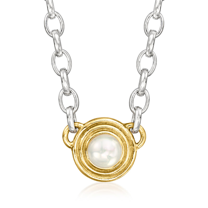 Cultured pearl disc necklace with sterling silver chain and gold over sterling pendant