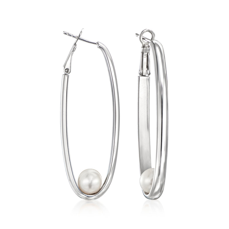 Sterling silver elongated hoop earrings with round cultured pearl drop