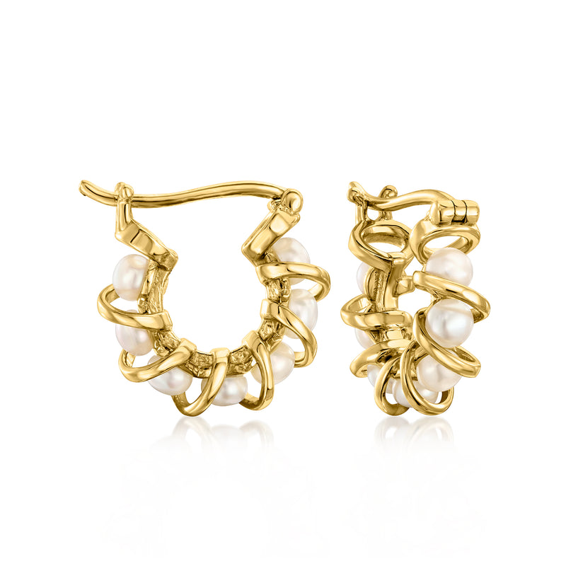 Cultured pearl coiled hoop earrings in gold tone with white round pearl accents
