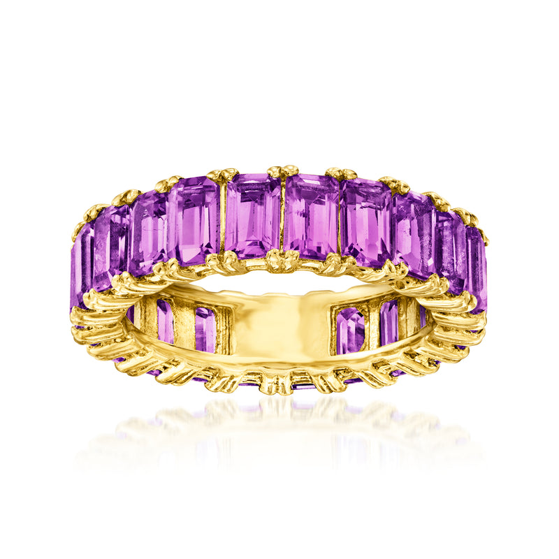 Gold eternity band with purple amethyst gemstone row, raised bezel settings