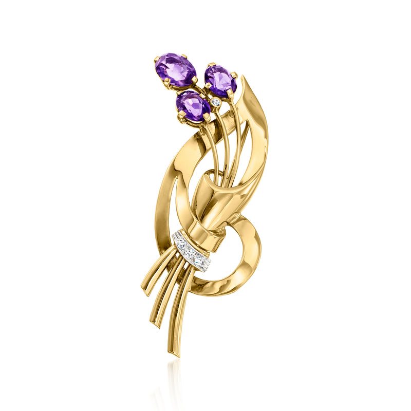Vintage yellow gold amethyst and diamond bouquet pin with curved prongs