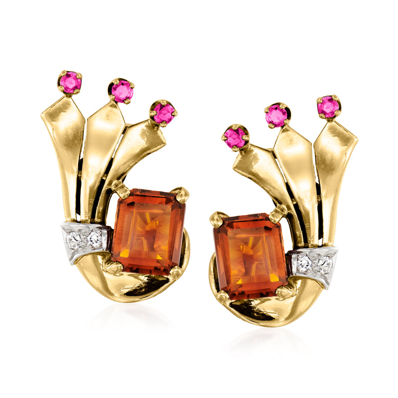 Vintage 14kt yellow gold clip-on earrings with orange gemstone, pink stones, and diamond accents