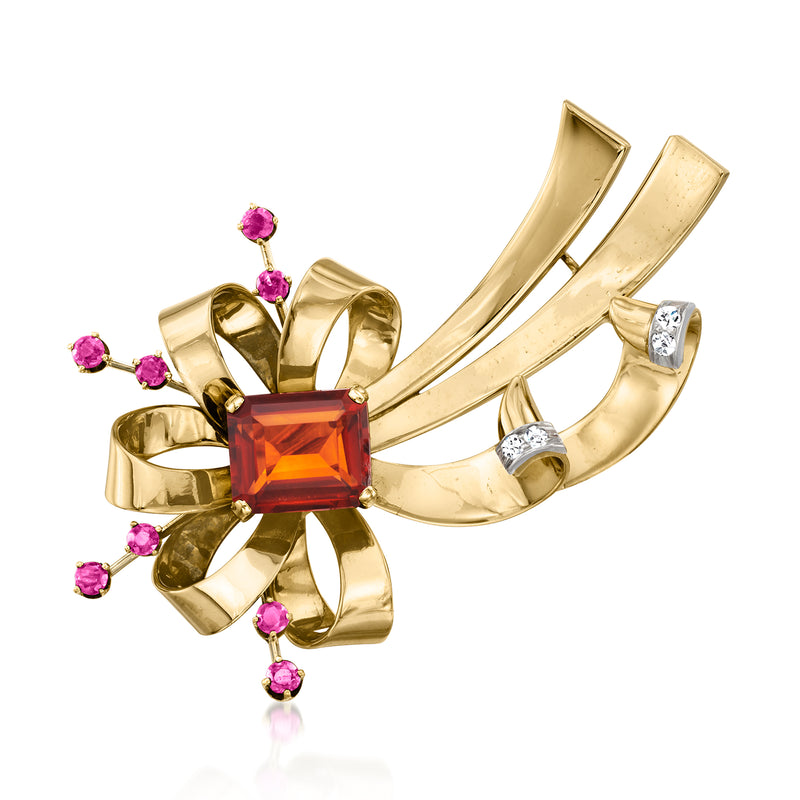 Vintage 14k yellow gold flower pin with orange center gemstone, pink ruby accents, diamond set