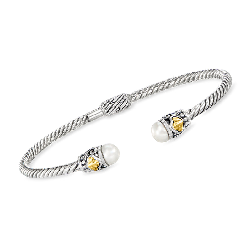 Sterling silver cuff bracelet with cultured pearl and gold-tone flower accents