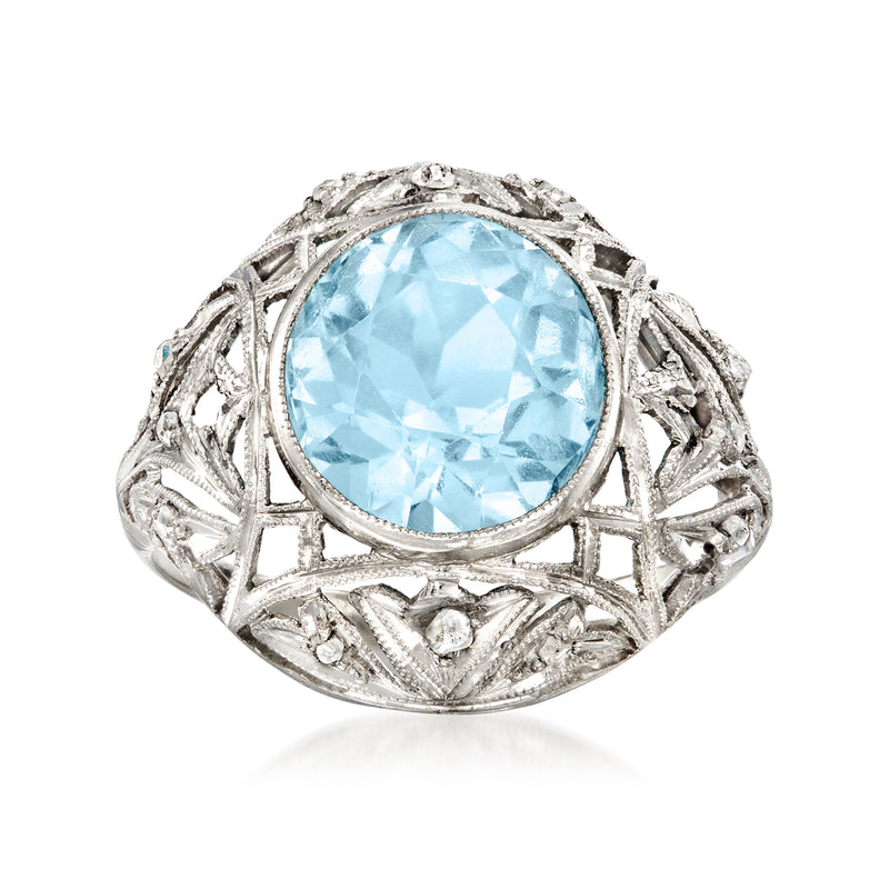Platinum filigree ring with large oval aquamarine center gemstone