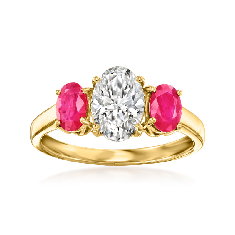 14kt yellow gold ring with round lab-grown diamond center and two pink oval rubies