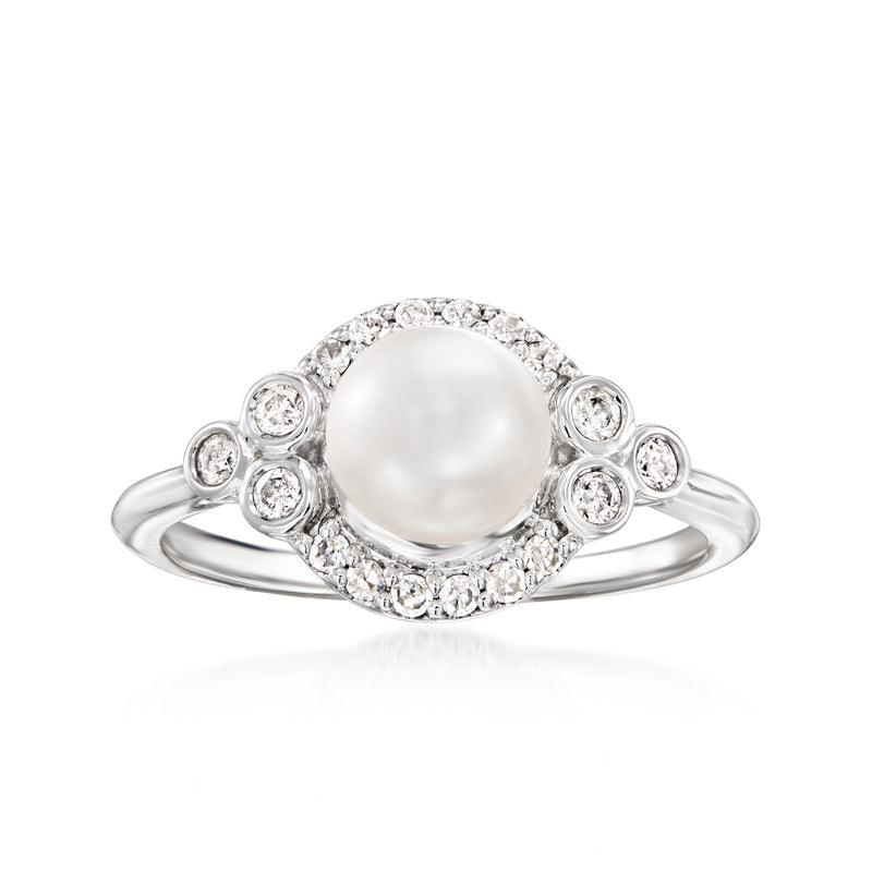 Cultured pearl and diamond ring in white gold