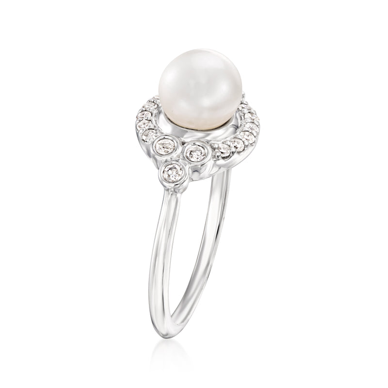 Cultured pearl halo ring in 14kt white gold, side view with diamond accents