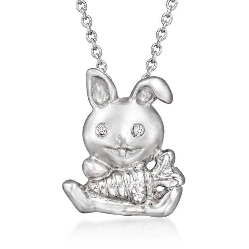 Silver-tone rabbit pendant necklace with round diamond accents, on a silver-tone chain