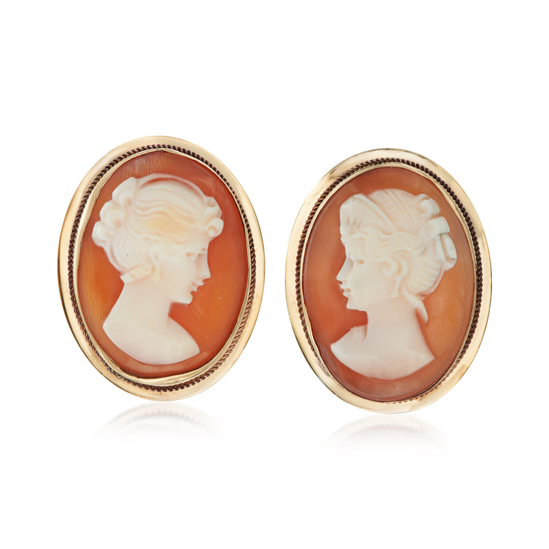 Vintage 14kt yellow gold cameo clip-on earrings, oval orange shell with white profile