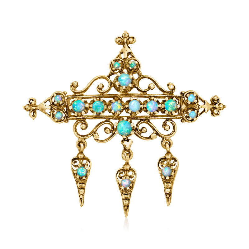 Vintage opal three-drop pin in 14kt yellow gold with blue-green gemstone dangles