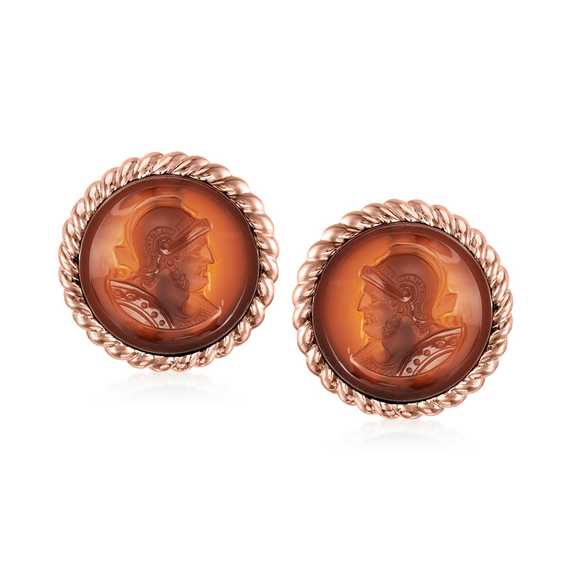 14kt yellow gold clip-on cameo earrings with round carnelian medallion, rope bezel