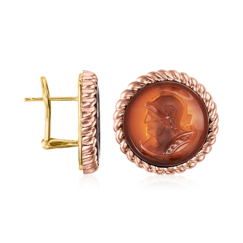 Round carnelian cameo clip-on earrings with rope bezel and hinged gold backing