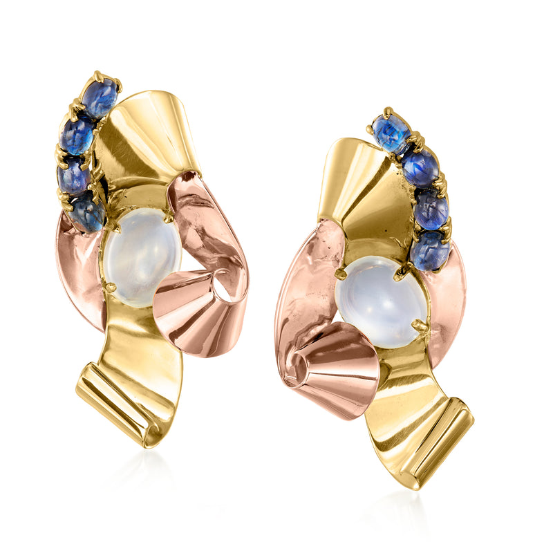 Two-tone gold clip/post earrings with oval moonstone and blue sapphire clusters