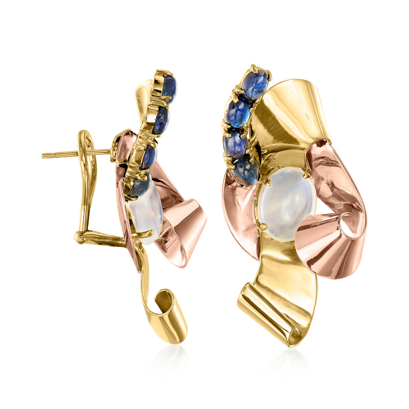 Two-tone gold clip/post earrings, blue sapphire tops with moonstone drop accents