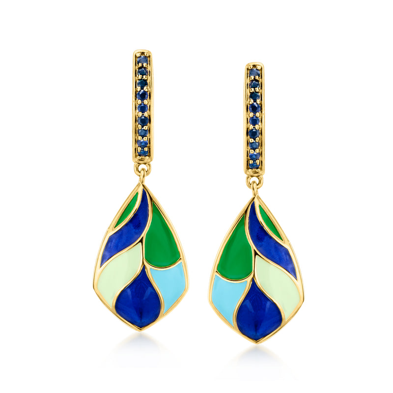 18kt gold over sterling drop earrings with blue and green enamel leaf pendants