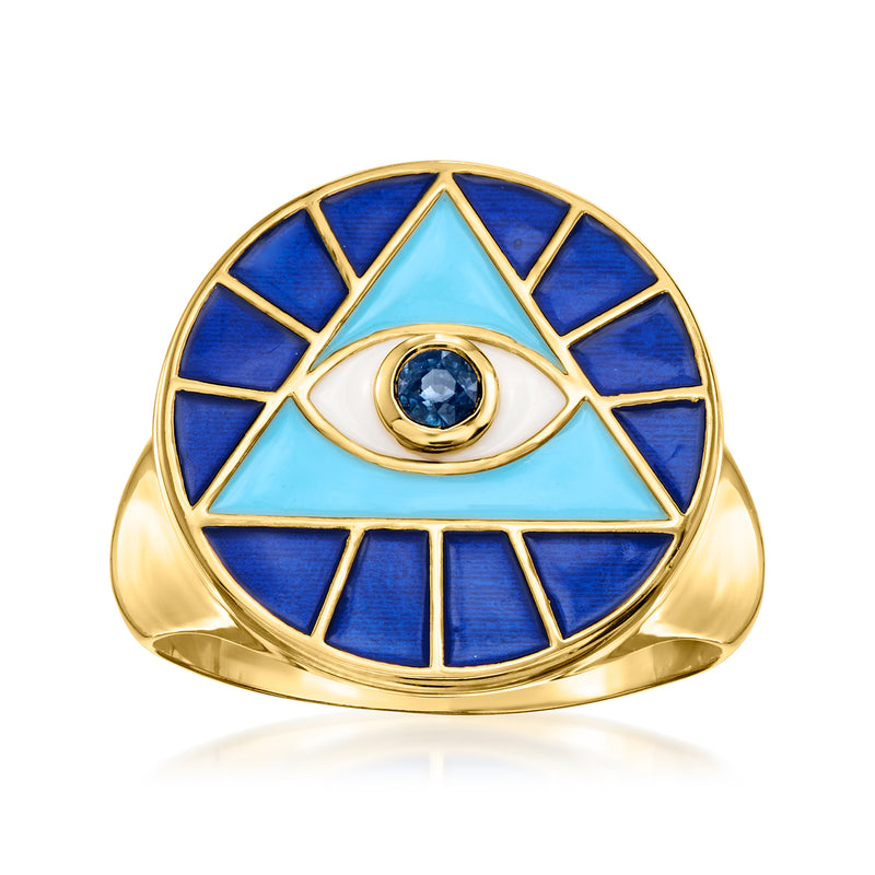Gold-tone evil eye ring with blue and white enamel dome, round blue gemstone center
