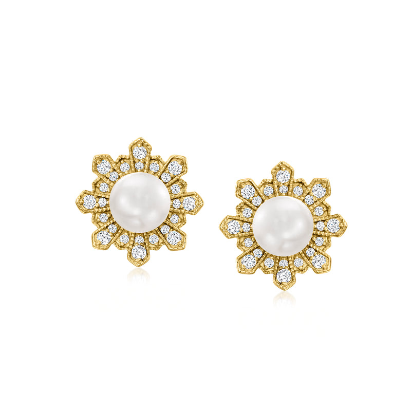 Gold cultured pearl and diamond stud earrings with flower halo and round pearl center