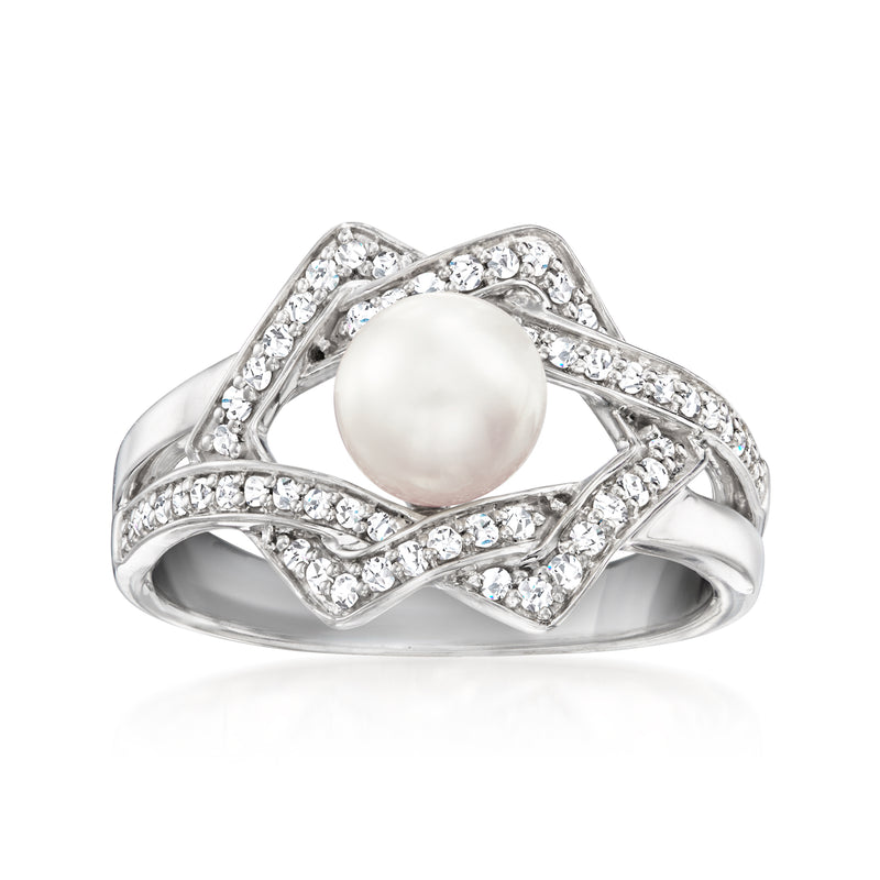Sterling silver interlocking ring with round cultured pearl center and diamond accents