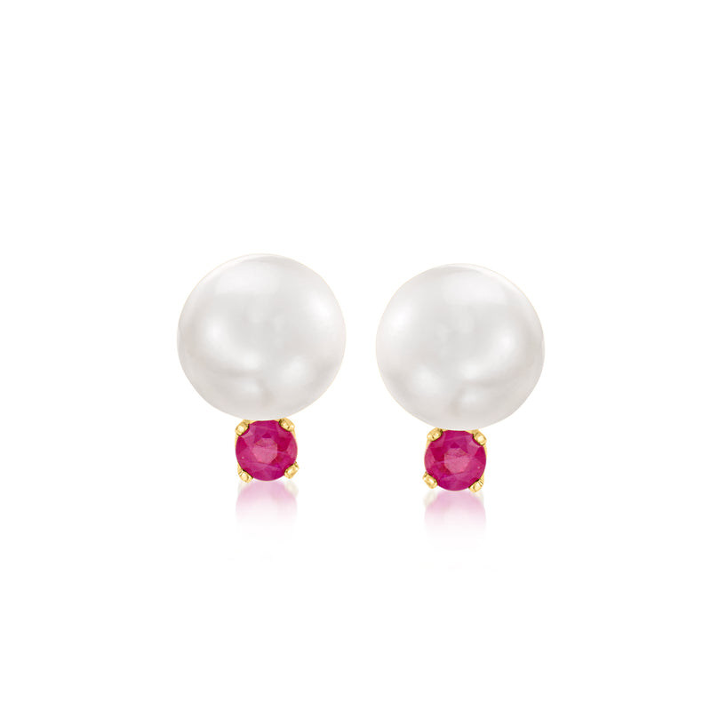 Cultured pearl and ruby stud earrings in 14kt yellow gold, post back