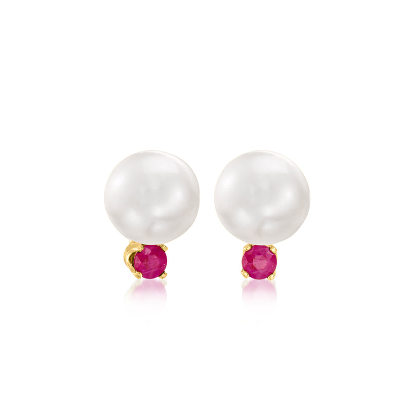 Cultured pearl and ruby stud earrings with 14kt yellow gold settings