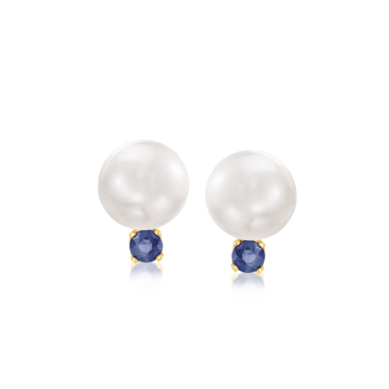 14kt yellow gold cultured pearl and sapphire stud earrings, post style