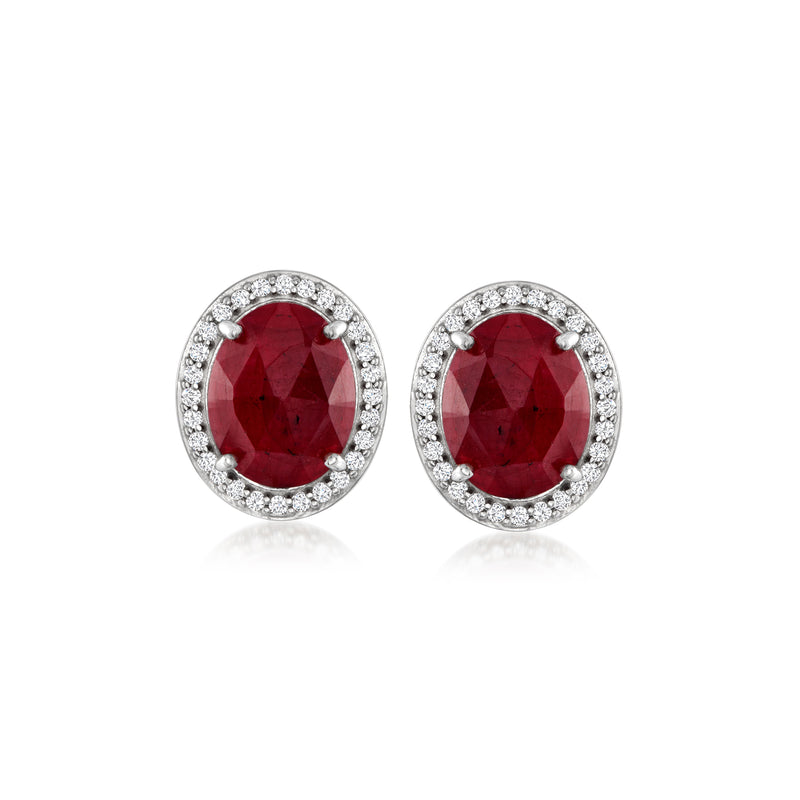Sterling silver red gemstone halo stud earrings with white stones