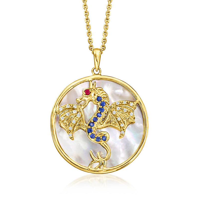Dragon medallion pendant necklace, round mother-of-pearl with blue red gemstones, gold-tone chain