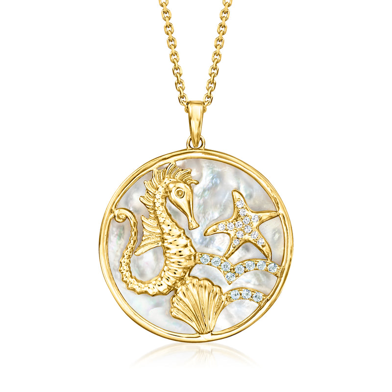 Round gold pendant necklace with mother-of-pearl seahorse, starfish, diamond accents