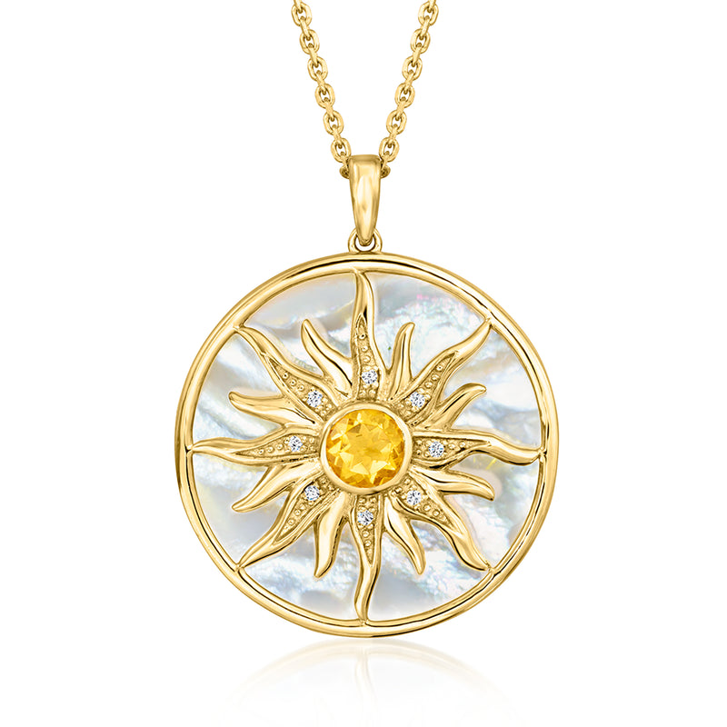 Round mother-of-pearl pendant necklace in 18kt gold with citrine sunburst and diamonds