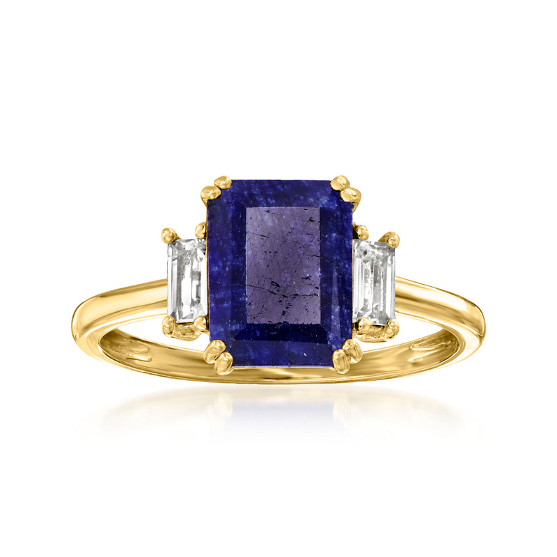 18kt gold over sterling ring with square-cut deep blue sapphire and white topaz side stones