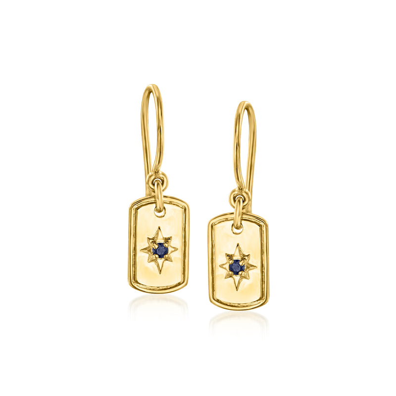 Gold dog-tag drop earrings with blue star center, sapphire-like stones, hoop earwire