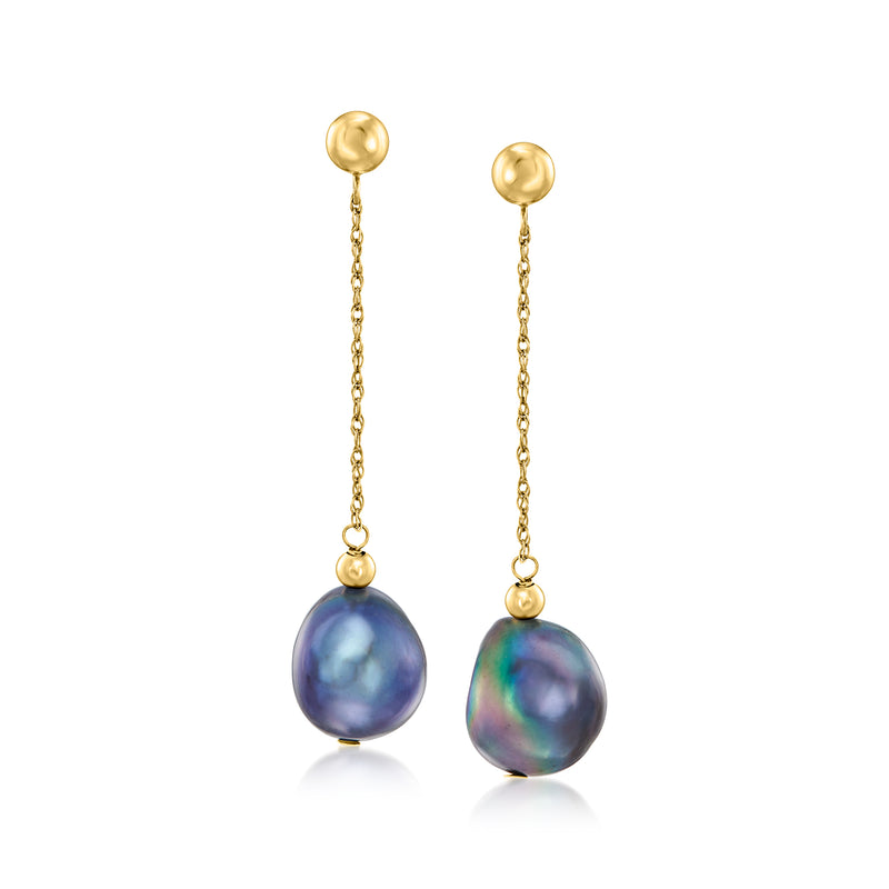 14kt yellow gold drop earrings with dark baroque cultured pearl drops