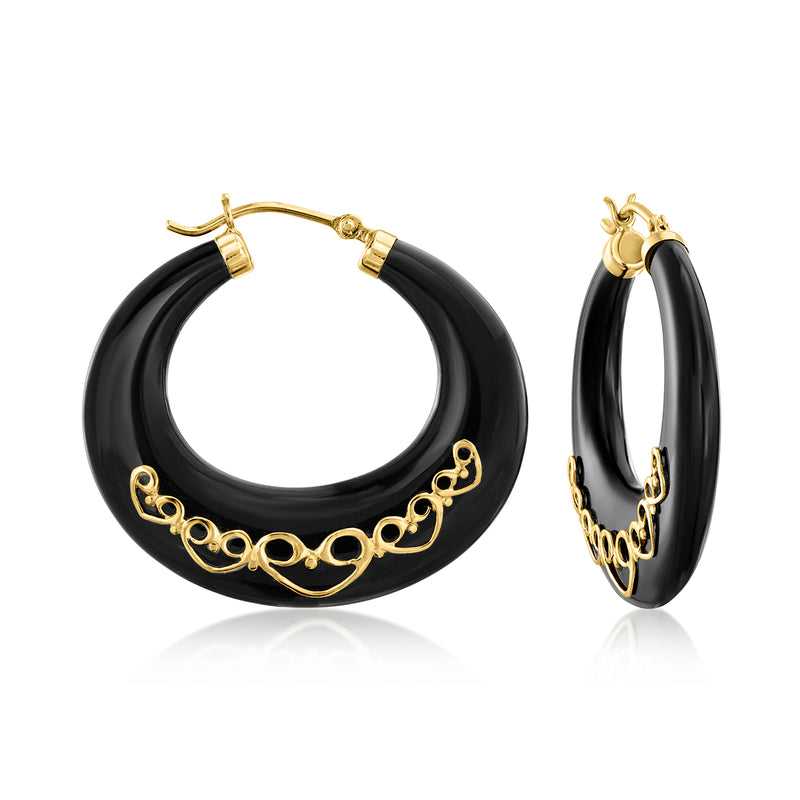 14kt yellow gold hoop earrings with black agate and scrolled heart detail