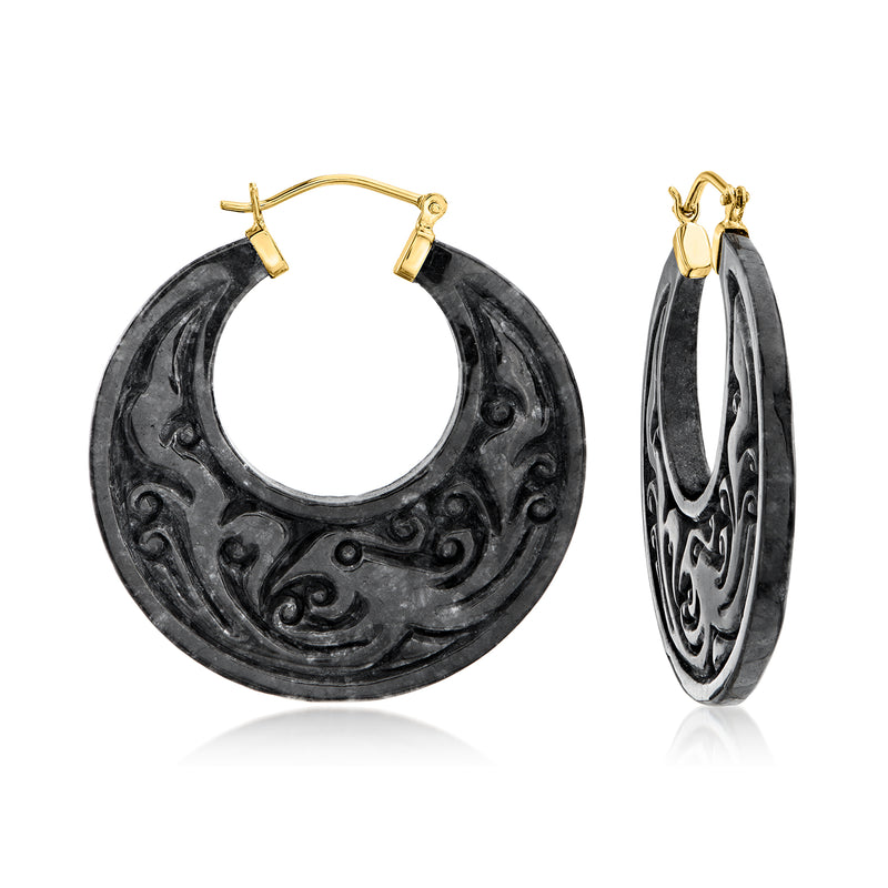 Carved black jade phoenix hoop earrings with 14kt yellow gold hooks