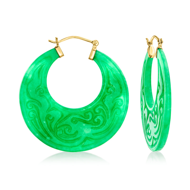 Yellow gold hoop earrings with carved green jade-like phoenix motif, hinged closure