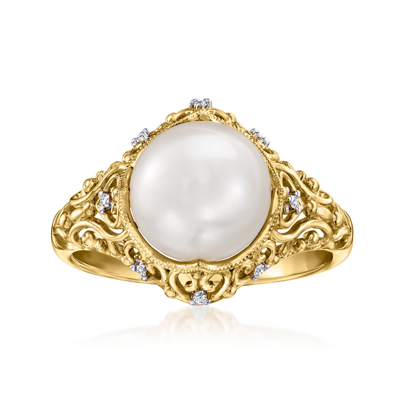 Gold filigree ring with round white cultured pearl and diamond-like accents