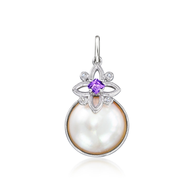 Sterling silver pendant with round white mabe pearl, purple amethyst center, halo stones