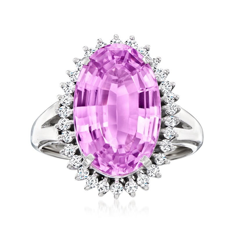 Platinum kunzite and diamond ring with oval pink-purple gemstone and diamond halo, split shank
