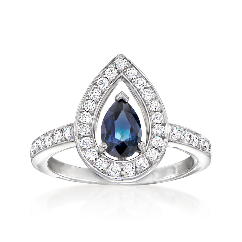 Platinum sapphire and diamond ring with pear-shaped sapphire and diamond halo